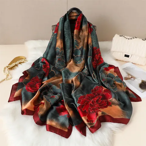 Sciarpa in Raso Con Stampa Floreale di Peonia Vintage Per Donna Scialle Lungo Bohemien Protezione Solare Elegante Fascia