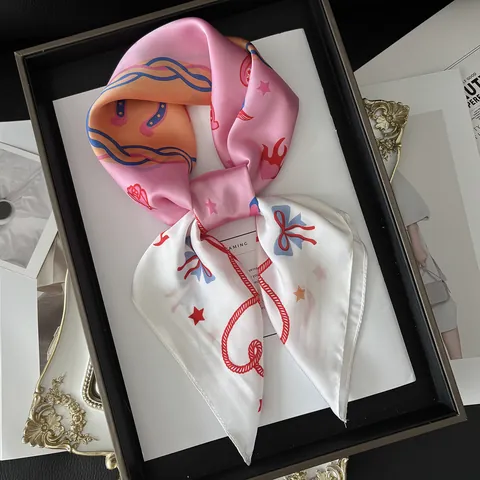 Vintage French Square Satin Scarf For Women Pink White Floral Print Head Scarf Sweet Bow Cowboy Boot Vacation Hair Accessory