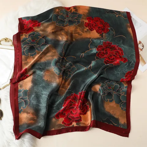Sciarpa in Raso Con Stampa Floreale di Peonia Vintage Per Donna Scialle Lungo Bohemien Protezione Solare Elegante Fascia