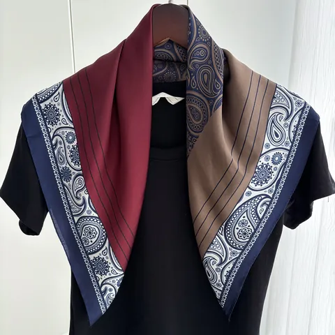 Women Retro Paisley Patchwork Satin Scarf Elegant Square Neck Wrap Lightweight Polyester Printed Accessories Navy Red