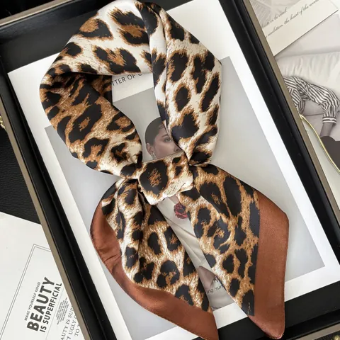 Vintage Leopard Print Satin Square Scarf For Women French Style Fashion Neck Scarf Head Wrap Hair Band Shawl Accessory