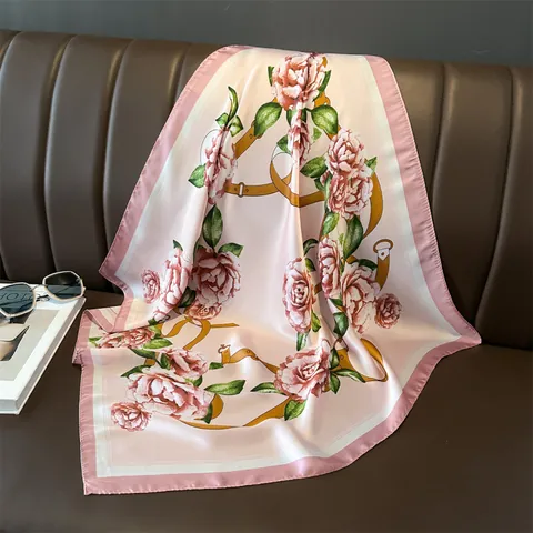 Women's Elegant Floral Print Satin Square Scarf Rose Pattern Simulated Silk Neckerchief Vintage Fashion Head Wrap Accessories