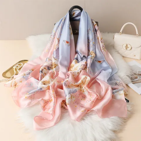 Elegant Floral Print Satin Scarf For Women Gradient Butterfly Soft Shawl Wrap Sun Protection Scarf For Daily Fashion Accessory