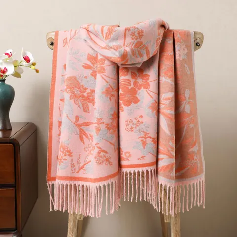 Women's Vintage Floral Jacquard Scarf Thick Warm Shawl With Tassels Core-Spun Yarn Retro Ethnic Style Wrap