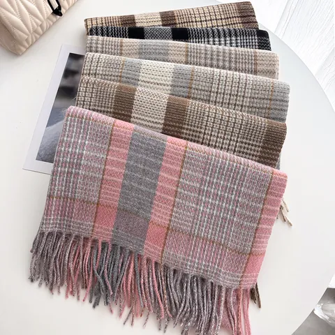 Fashion Plaid Warm Scarf With Tassels Soft Cashmere Like Polyester Shawl For Women Men Casual Autumn Winter Neck Warmer Wrap