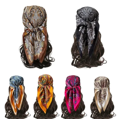 French Vintage Satin Square Scarf Women Paisley Pattern Elegant Headscarf Versatile Neckerchief Fashion Hair Bandana Accessory