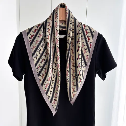 French Elegant Equestrian Horse Print Satin Square Scarf Vintage Striped Silk Feel Neck Scarf Fashion Headband Accessory Women