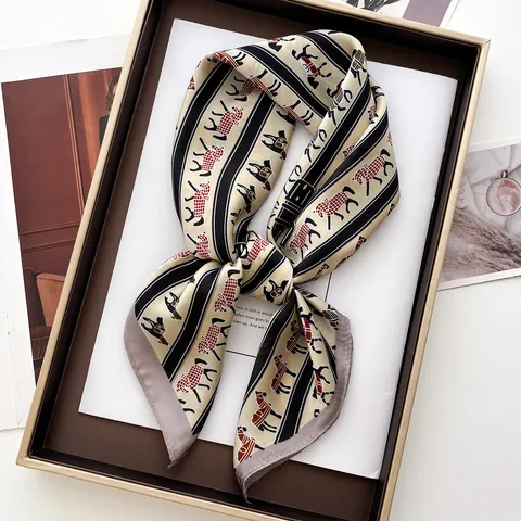 French Elegant Equestrian Horse Print Satin Square Scarf Vintage Striped Silk Feel Neck Scarf Fashion Headband Accessory Women
