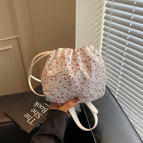Damen Blumen Kordelzug Beuteltasche Frisch Lässig Stoff Schulter Umhängetasche Mini Handtasche Für Den Täglichen Gebrauch Reisen