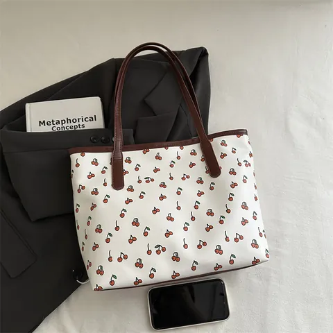 Borsa Shopping Vintage con Stampa a Ciliegie in Pelle PU Grande Capacità Borsa a Spalla per Donna Moda Casual