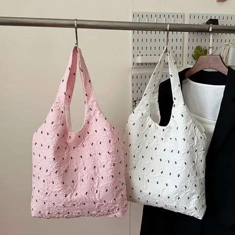 Women Bowknot Tote Bag Pleated Seersucker Jacquard Fabric Large Capacity Shoulder Bag Sweet Cool Y2K Style Commuting Handbag