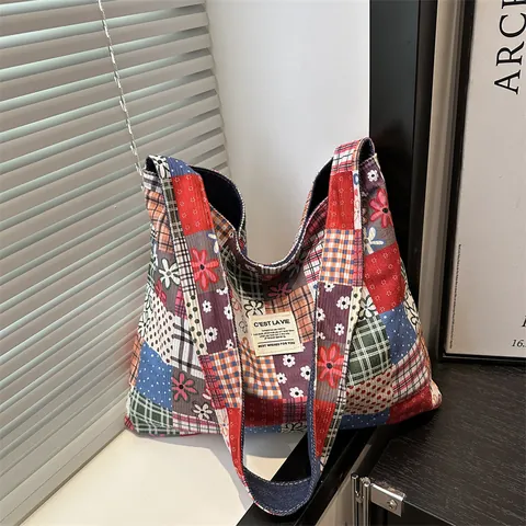 Bolso Tote de Lona Patchwork Vintage para Mujer Estilo Étnico Floral Gran Capacidad Bolso de Hombro Bolso de Mano Casual Verano