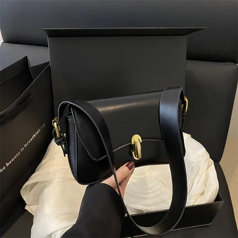 Damen Französisch Minimalistisch PU Leder Unterarmtasche Einfarbig Umhängetasche Mit Gold Metallschloss Mode Täglich Pendeln Quadratische Handtasche