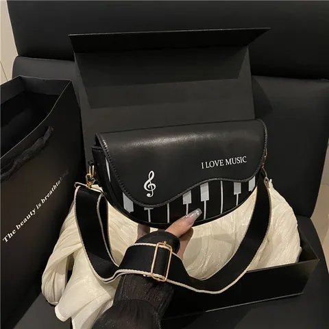 Borsa a Sella Tema Tastiera di Pianoforte da Donna in Pelle PU Stampa Musicale Borsa a Tracolla con Tracolla Larga