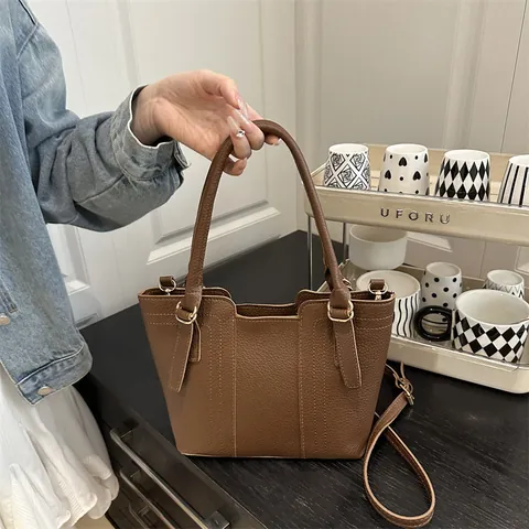 Vintage PU Leather Lychee Pattern Bucket Bag For Women Fashion Stitching Handbag Shoulder Crossbody Bag Gold Hardware