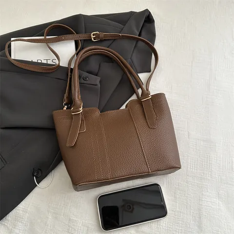 Vintage PU Leather Lychee Pattern Bucket Bag For Women Fashion Stitching Handbag Shoulder Crossbody Bag Gold Hardware