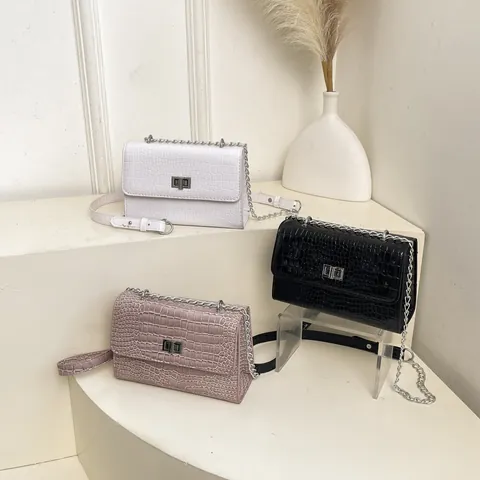 Borsa Donna Retrò Motivo Coccodrillo Piccola Quadrata PU Pelle Tracolla Con Catena Argento Chiusura Metallo