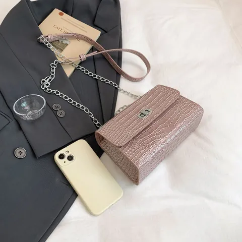 Borsa Donna Retrò Motivo Coccodrillo Piccola Quadrata PU Pelle Tracolla Con Catena Argento Chiusura Metallo