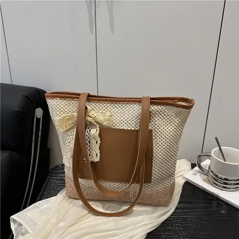 Γυναικεία Ψάθινη Πλεκτή Τσάντα Tote Μεγάλης Χωρητικότητας Casual Διακοπές Παραλία Τσάντα Ώμου Με Θήκη PU Δέρμα Φιόγκος Δαντέλα