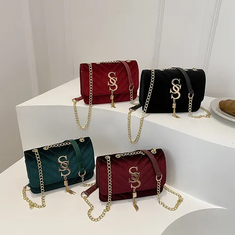 Borsa a Tracolla in Velluto Vintage Trapuntata a Chevron per Donna con Nappina in Metallo di Lusso Logo S Borsa da Sera Oro