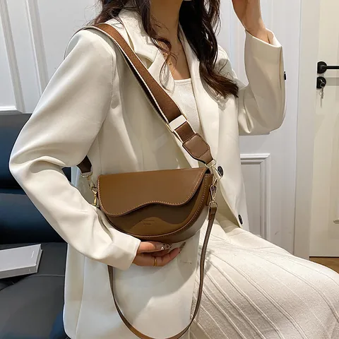 Bolso de Silla para Mujer Vintage de Cuero PU Gran Capacidad Color Sólido Bolso de Hombro Con Correa Ancha Bandolera Simple