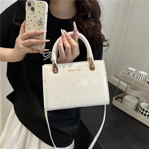 Mode Slangenpatroon Vrouwen Kleine Vierkante Tas Met Gevlochten Handvat PU Leer Schouder Crossbody Handtas Voor Dagelijks Feest