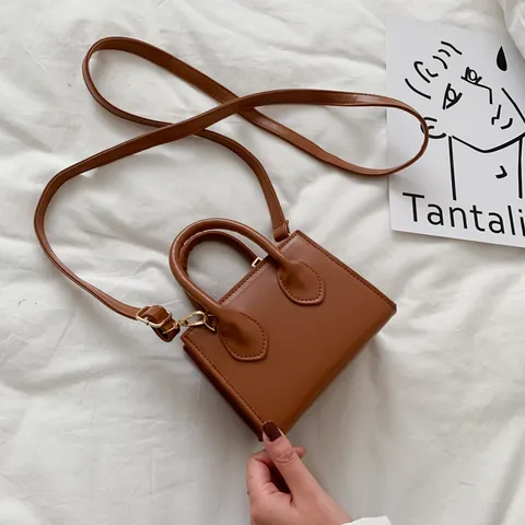 Borsa a Tracolla Minimalista in Pelle PU Mini Quadrata per Donna Borsa a Mano Retro Tinta Unita Con Accessori Dorati