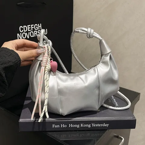 Fashion Pleated PU Leather Underarm Bag For Women Crescent Shoulder Bag With Knotted Handle And Heart Charm Crossbody Bag