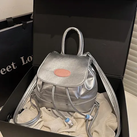 Women Retro Preppy Style Mini Backpack PU Leather Contrast Color Drawstring Bucket Bag Fashion Handbag Casual Versatile Daypack