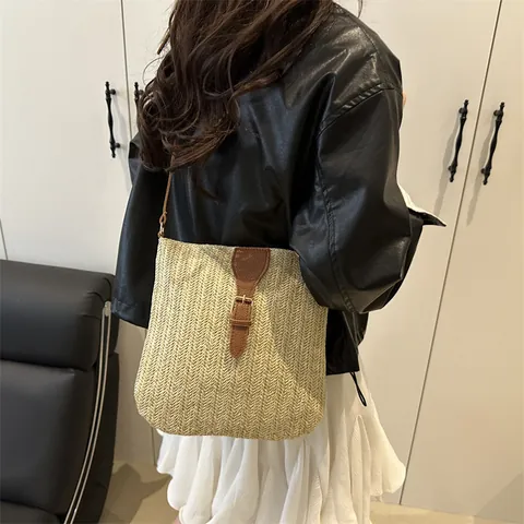 Damen Strohgeflecht Umhängetasche Mit PU Lederbesatz Verstellbarem Schultergurt Casual Urlaub Sommer Strand Tote Bag