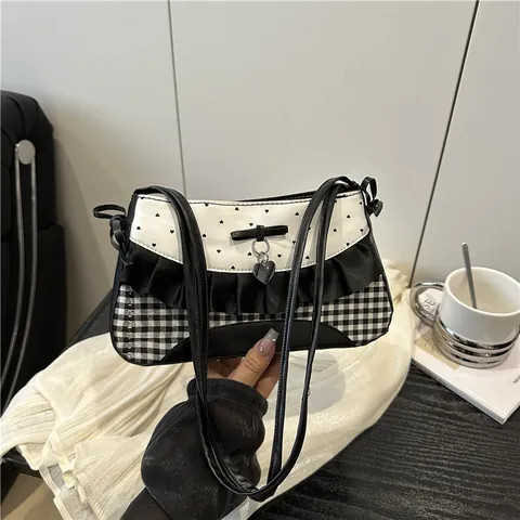 Borsa Sottobraccio Dolce Stile Balletcore Gingham Per Donna Con Volant Fiocco Ciondolo Cuore Patchwork PU Tessuto Borsa Spalla