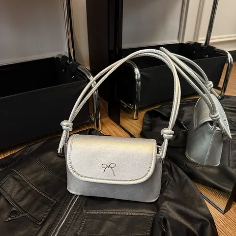 Bolso de Hombro con Lazo para Mujer Cuero PU Correa con Nudo Decoración Metálica Bolso Bandolera Cuadrado Color Sólido