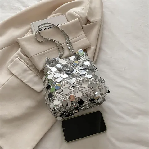 Dames Mode Pailletten Emmer Tas Grote Ronde Pailletten Ketting Schoudertas Trekkoord Trendy Feest Banket Avondtas