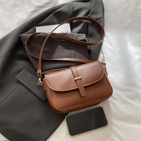 Vintage PU Leather Saddle Bag For Women Fashion Stitching Belt Design Shoulder Bag With Gold Buckle Casual Crossbody Bag