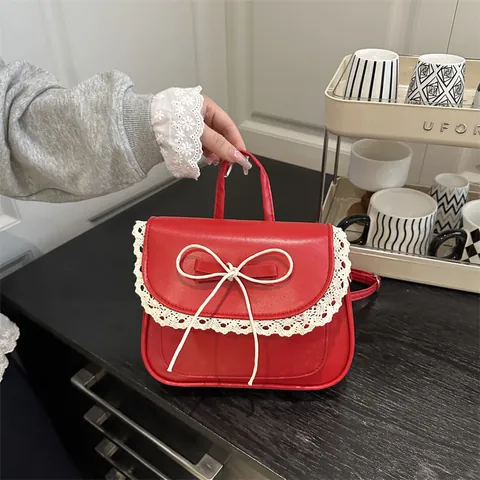 Women Mini Backpack Sweet Lace Bow PU Leather Small Square Bag Double Strap Crossbody Shoulder Handbag Fashion Japanese Lolita