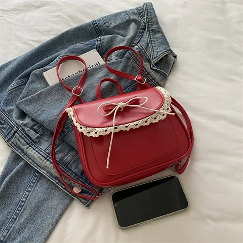 Women Mini Backpack Sweet Lace Bow PU Leather Small Square Bag Double Strap Crossbody Shoulder Handbag Fashion Japanese Lolita