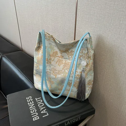 New Chinese Style Jacquard Embroidery Shoulder Bag For Women Vintage Bamboo Leaf Landscape Pattern Tote Bag With Tassel Pendant