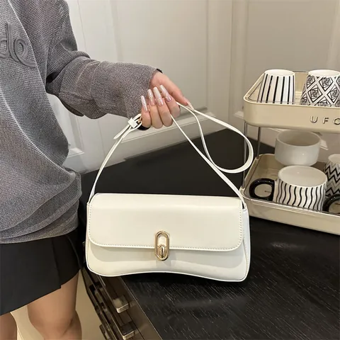 Bolso de Axila Retro para Mujer de Cuero PU Color Sólido Cierre Metálico Bolso de Hombro Elegante Minimalista Verano
