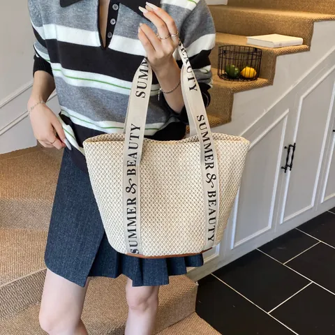 Summer Large Capacity Straw Woven Tote Bag For Women Letter Print Straps Casual Beach Handbag Vacation Shoulder Bag