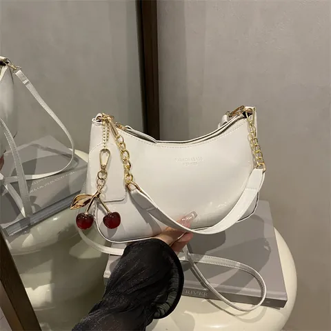 Women Patent Leather Underarm Bag Glossy PU Shoulder Bag With Cherry Charm Gold Chain Strap Streetwear Fashion Crossbody Bag