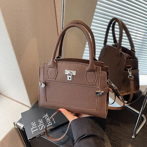 Mode Litchi Maserung PU Leder Handtasche Für Damen Elegant Metallschloss Umhängetasche Retro Minimalistisch Pendeln Top Handle Tote