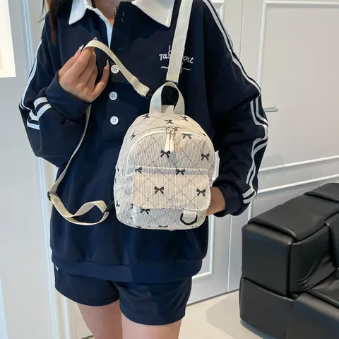 Women Mini Corduroy Backpack Quilted Bowknot Pattern Small School Bag For Girls Trendy Casual Travel Rucksack