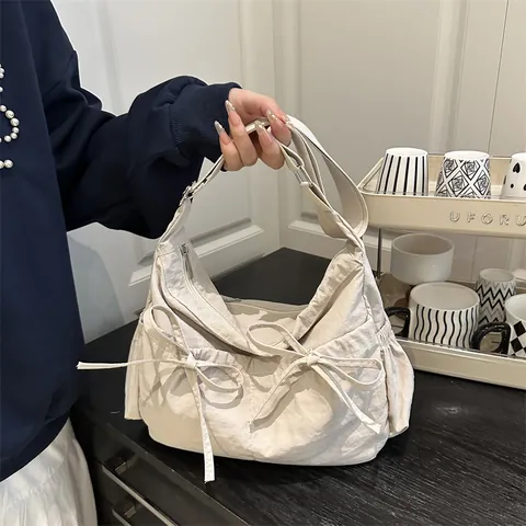 Bolso Tote de Nailon de Gran Capacidad para Mujer Verano con Lazo Color Sólido Bolso de Hombro Ajustable para Diario