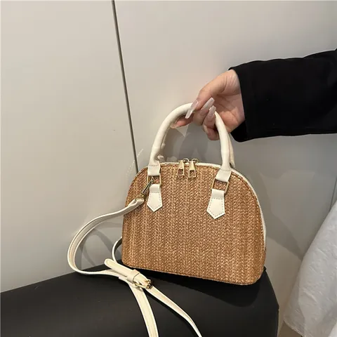 Bolso de Mano de Paja Tejida para Mujer Forma de Concha Correa de Cuero PU Verano Playa Vacaciones Casual