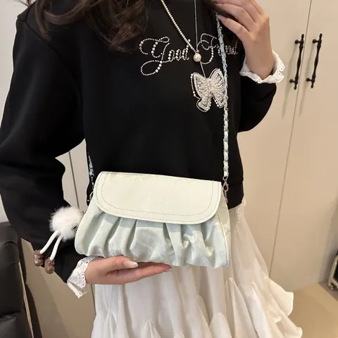 Women Pleated PU Leather Chain Shoulder Bag Small Square Crossbody Bag With Fashion Pendant Adjustable Metal Chain Strap