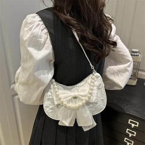 Borsa Sottobraccio da Donna con Fiocco e Künstliche Perle Elegante Borsa a Mano in Pizzo Dolce Borsa a Tracolla Jacquard Stile Vintage Francese