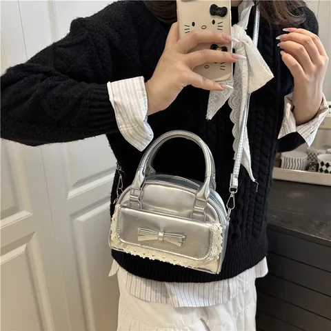 Sac Bowling Femme en Cuir PU Avec Nœud et Dentelle Vintage Sac à Main Doux Avec Bandoulière Réglable Petit Sac à Bandoulière
