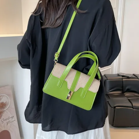 Vintage Patchwork PU Leather Handbag Women Small Square Shoulder Bag Crossbody Bag With Adjustable Strap Metal Lock Purse