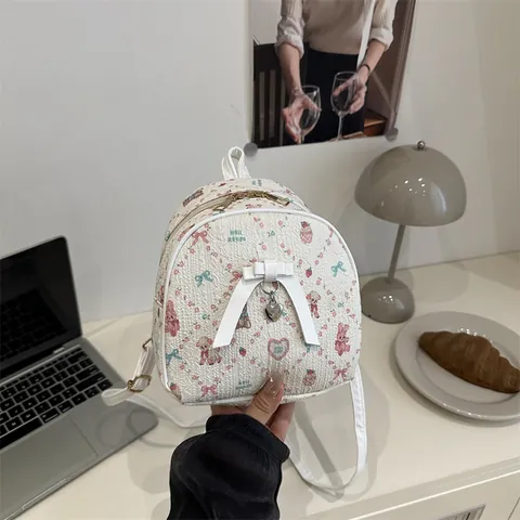 Women Mini PU Leather Backpack Cartoon Bear Strawberry Print Kawaii Bow Heart Pendant Casual Fashion Small School Bag