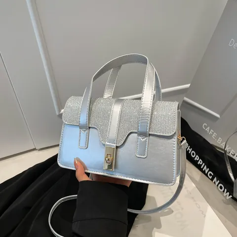 Women Chic Spliced Sequins Handbag Glitter Square Shoulder Bag Metal Lock Closure Commute Crossbody Bag Fashion Accessory